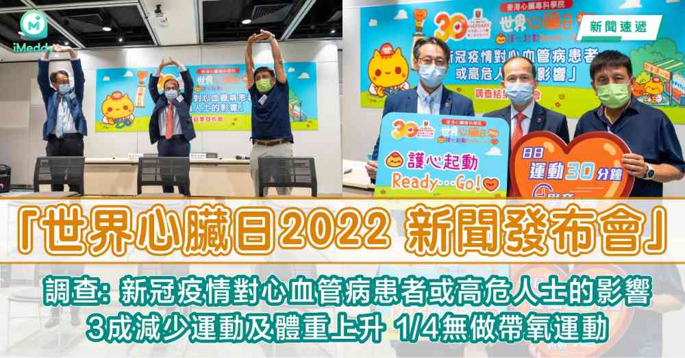 「世界心臟日2022 新聞發布會」調查: 新冠疫情對心血管病患者或高危人士的影響 3成減少運動及體重上升 1/4無做帶氧運動 香港心臟專科學院呼籲：每日運動30分鐘 學童時數加倍